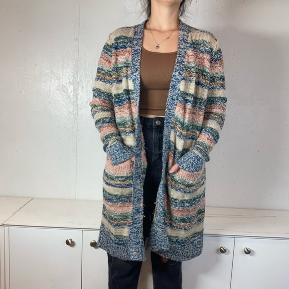 Knit Boho Striped Rag Rug Longline Cardigan Duster - Picture 5 of 9